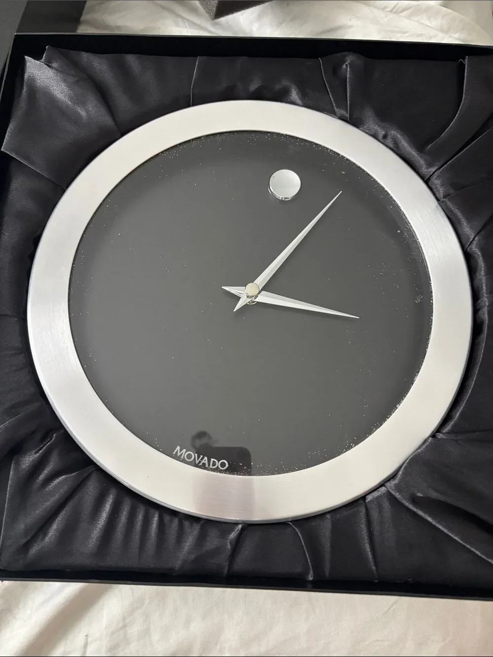Movado Black Dial Wall Clock with Silver Rim original box with padding
